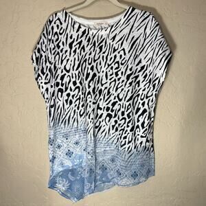 Jess & Jane animal print mixed media asymmetrical hem tunic top size small